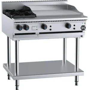 B&S Black Combination Stove 2 Burner (No Pilots)/60cm Grill/Griddle on Stand (BT-SB2-GRP6)
