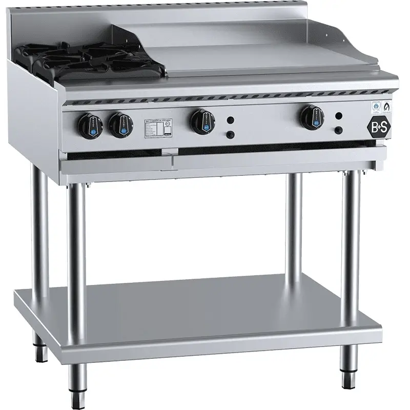 B&S Black Combination Stove 2 Burner (No Pilots)/60cm Grill/Griddle on Stand (BT-SB2-GRP6)