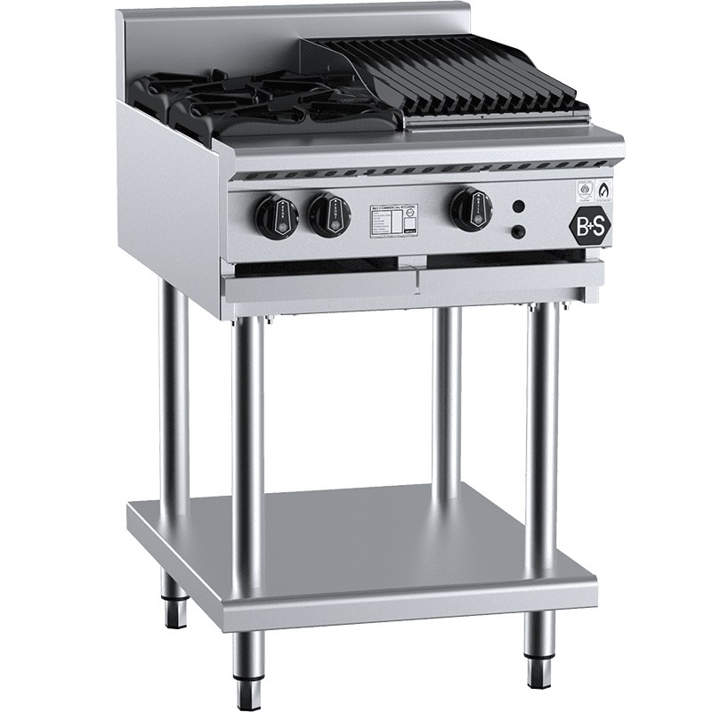 B&S Black Combination Stove 2 Burner (No Pilots)/30cm Charbroiler on Stand (BT-SB2-CBR3)