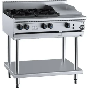 B&S Black Combination Stove 4 Burner (No Pilots)/30cm Grill/Griddle on Stand (BT-SB4-GRP3)