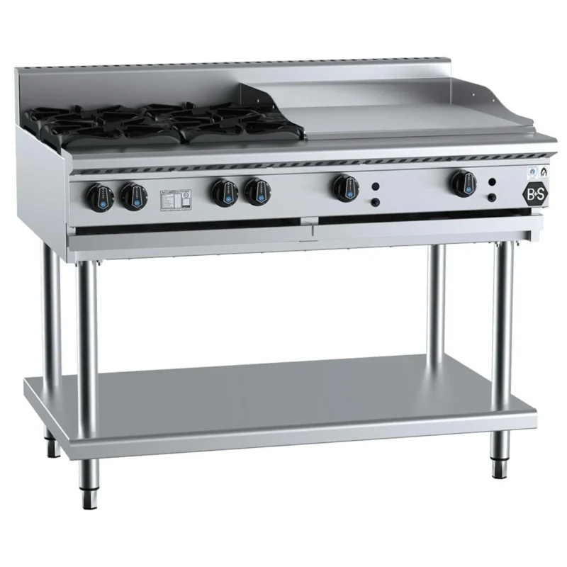 B&S Black Combination Stove 4 Burner (No Pilots)/60cm Grill/Griddle on Stand (BT-SB4-GRP6)