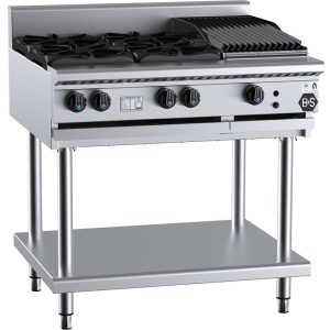 B&S Black Combination Stove 4 Burner (No Pilots)/30cm Charbroiler on Stand (BT-SB4-CBR3)