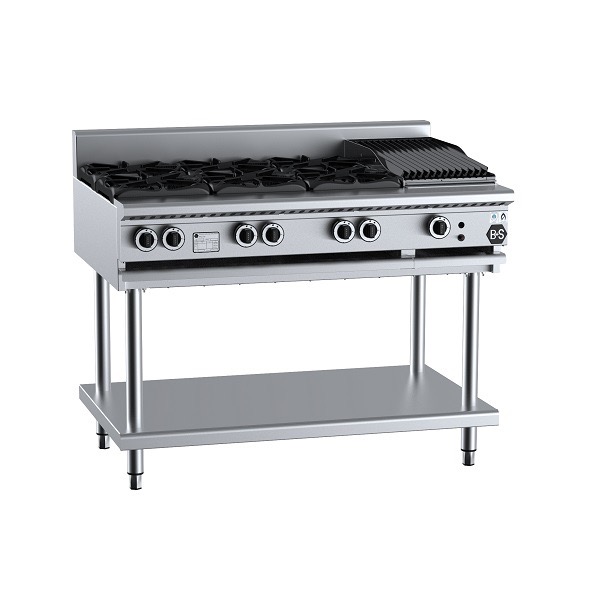 B&S Black Combination Stove 6 Burner (No Pilots)/30cm Charbroiler on Stand (BT-SB6-CBR3)