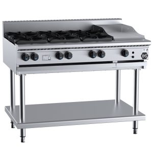 B&S Black Combination Stove 6 Burner (No Pilots)/30cm Grill/Griddle on Stand (BT-SB6-GRP3)