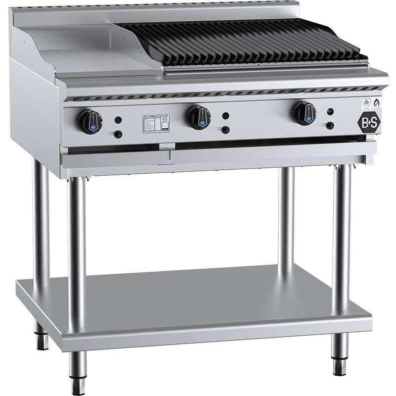 B&S Black Combination 30cm Griddle/60cm Charbroiler on Stand (BT-GRP3-CBR6)