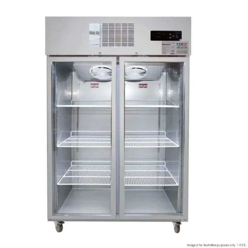 Thermaster-1000Ltr-Tropicalised-Stainless-Steel-Upright-Freezer-2-Glass-Doors-(SUFG1000)-Caterware