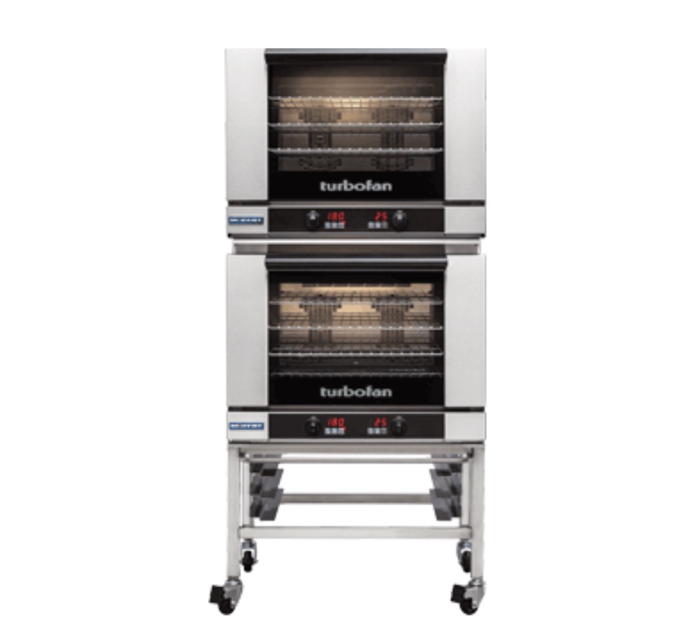 Turbofan Convection Oven Electric Double Stacked with Castor Base Stand Takes 8x460x660mm Pans (E28D4/2C)